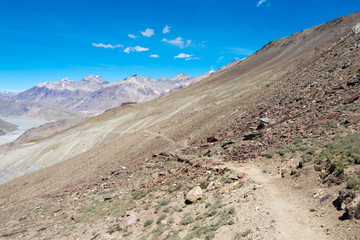 Himachal Pradesh, India - Sep 03 2019 - Beautiful scenic view of  Kunzum Pass (Kunzum La) - Chandra Taal (Moon Lake) Trekking course in Lahaul and Spiti, Himachal Pradesh, India.