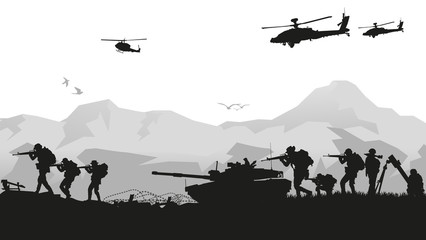 Obraz na płótnie Canvas Military vector illustration, Army background, soldiers silhouettes. 