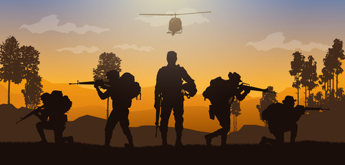 Military vector illustration, Army background, soldiers silhouettes.	