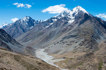 Himachal Pradesh, India - Sep 03 2019 - Beautiful scenic view of  Kunzum Pass (Kunzum La) - Chandra Taal (Moon Lake) Trekking course in Lahaul and Spiti, Himachal Pradesh, India.