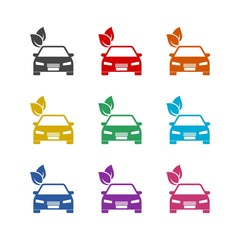 Eco car concept drive with leaf color icon set isolated on white background