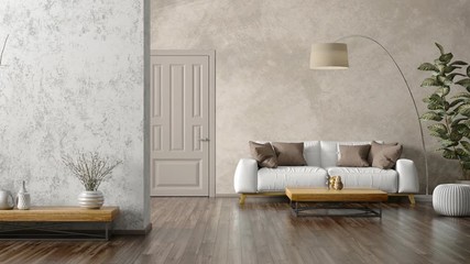 Modern interior design of living room with white sofa, coffee table, stucco wall 3d animation rendering