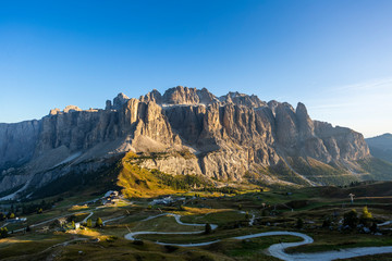 View of Gardena Pass and Sella group from Pizes de Cir, Italy