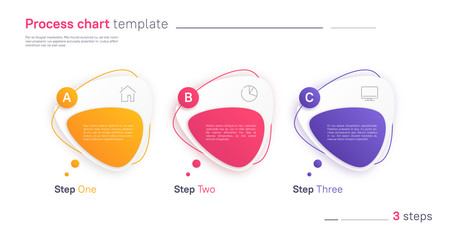 Vector process chart infographic template in the form of horizontal row composed of triangular rounded shapes. Three steps