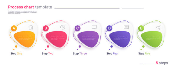 Vector process chart infographic template in the form of horizontal row composed of triangular rounded shapes. Five steps