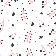 Hand drawn seamless pattern with abstract plants in minimal hipster style. Cute pink abstract floral pattern isolated on white background. Pretty design for textile, wrapping, wallpaper. Stock vector 