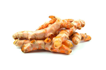 Raw turmeric (Curcuma longa Linn) ingredients for making herbal medicine isolated on white background.