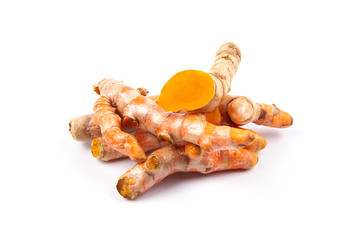 Raw turmeric (Curcuma longa Linn) ingredients for making herbal medicine isolated on white background.