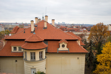 Obraz premium Panorama of the Czech city of Prague with tiled orange roofs from the observation deck of Prague Castle on a cloudy day on the eve of Christmas.
