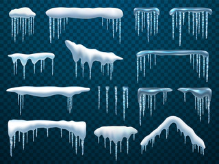 Snow caps with hanging icicles, winter frost vector realistic icons isolated on transparent background. Abstract snow caps and frosty roof icicles for Christmas and New Year design - obrazy, fototapety, plakaty