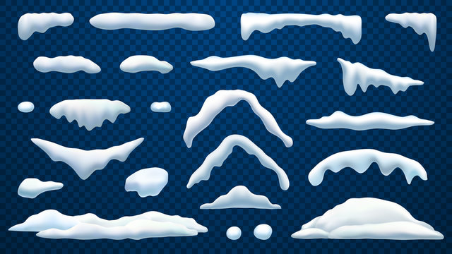 Snow caps, snowballs and frozen icicles of house roof, vector realistic icons isolated on transparent background. Abstract winter snow caps and frost icicles for Christmas and New Year design