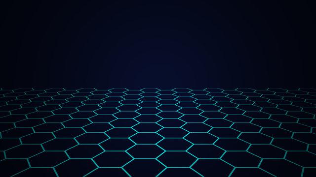 Perspective view of Honeycomb Grid tile with light sky blue with dark border gradient background shadow for use as technology background.
