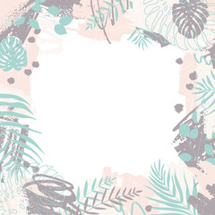 Fototapeta na wymiar Creative vector frame with abstract design. Spots of paint and tropical monstera leaves and dypsis in pastel colors