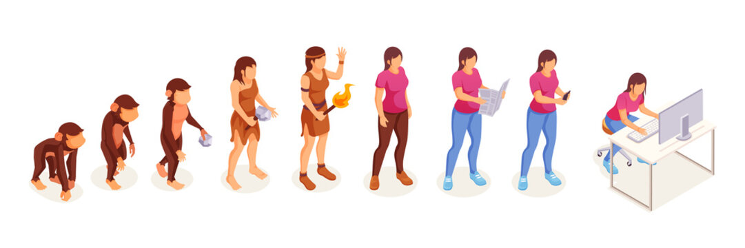 Human Evolution Of Monkey To Modern Woman At Computer, Vector Icons. Women Evolution And Life Development Progress From Apes To Intelligent Mind And Technology