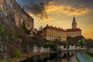 Krumlov castle in the historical center of Cesky Krumlov on sunset. Czech republic.