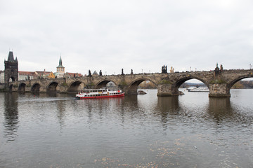  Cityscape of the Czech capital Prague and the Vltava river. View of Charles Bridge and Prague Castle on Christmas Eve.
