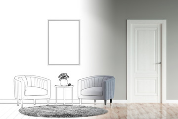 A sketch of a modern interior with two armchairs, a coffee table, a picture on the wall, a carpet on the tiled floor and a door became a real interior. Front view. 3d illustration