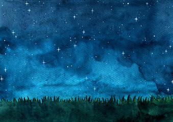 Grass meadow with night sky watercolor hand painting background. © beelaa