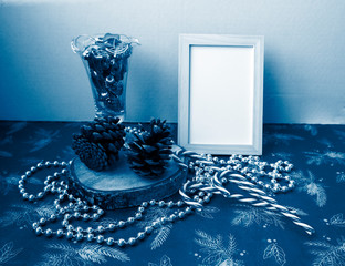 Classic Blue inspiration, christmas mock up composition toned in trendy blue color, still life for holidqay design