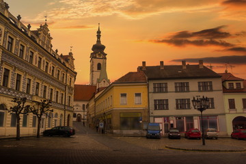 Naklejka premium Main square of czech city of Pisek in sunny evening. Czech Republic.