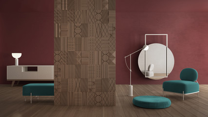 Modern red and turquoise minimalist abstract living room with decorated wooden partition wall,...