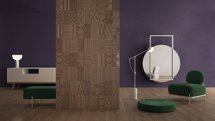 Modern green and purple minimalist abstract living room with decorated wooden partition wall, parquet floor, plaster wall, velvet armchair with floor lamp, pouf, dresser, mirror