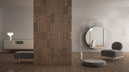 Modern white minimalist abstract living room with decorated wooden partition wall, parquet floor, plaster wall, velvet armchair with floor lamp, pouf, dresser, geometric mirror