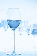 Many glasses of rose wine at wine tasting, toned in blue shade. Concept of rose wine and variety. White background. Vertical