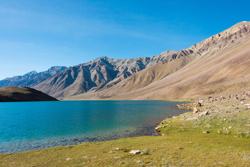 Himachal Pradesh, India - Sep 03 2019 - Chandra Taal (Moon Lake) in Lahaul and Spiti, Himachal Pradesh, India. It is part of Ramsar Convention - Chandertal Wetland.