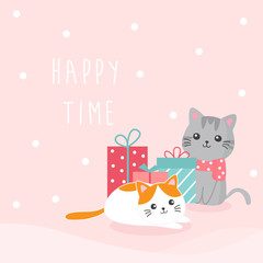 Cute cats with gifts.Vector illustration on pastel dot background.Art design for banner,greeting card,birthday,etc.Cute pets cartoon style.
