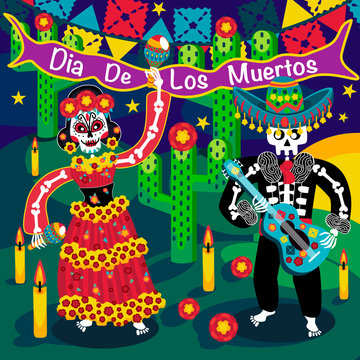 Day of Dead, Dia de los Muertos. In the vector image a male skeleton playing the guitar and a female skeleton dancing and playing maracas. Pictured sunset.