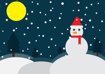 Snowman wear christmas hat and scarf stand on a snowy area vector