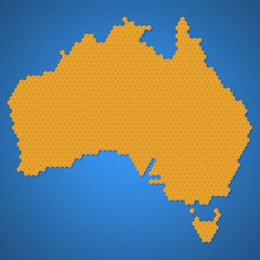 Map of AUS or Australia region continent with honey bee or honeycomb or honey hive shape style With vignette dark border shadow. With yellow or orange color on the blue sea water color style.