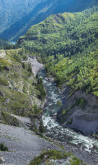 Fototapeta premium River in a deep mountain gorge, canyon. Summer greens, steep banks.
