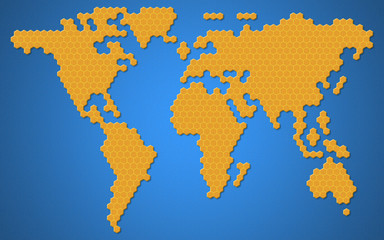 World or earth map of region continent with honey bee or honeycomb or honey hive shape style With vignette dark border shadow. With yellow or orange color on the blue sea water color style.