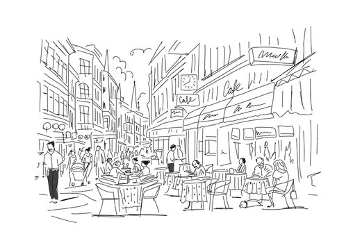 Old european street with cafe and restaurants, sketch for your design