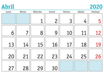 Abril 2020 wall calendar spanish