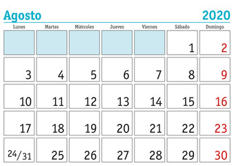 Agosto 2020 wall calendar spanish