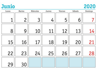 Junio 2020 wall calendar spanish