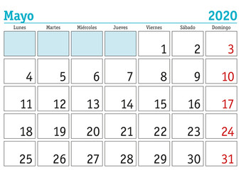 Mayo 2020 wall calendar spanish