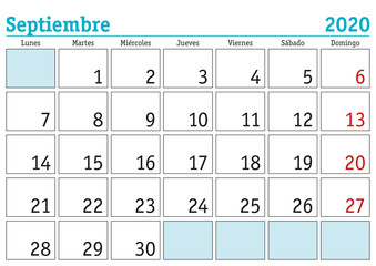 Septiembre 2020 wall calendar spanish