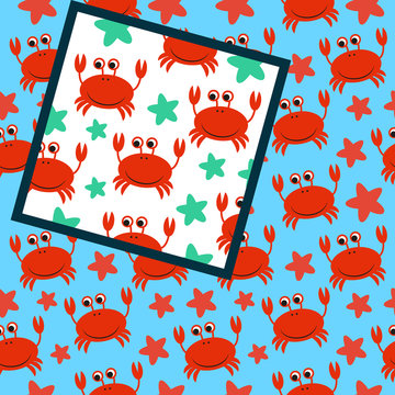  Two vector seamless patterns with crub on white and  blue background with seastars.