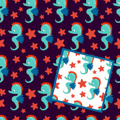  Two vector seamless patterns with sea horse on white and dark background with red sea stars.