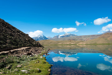 Naklejka premium Himachal Pradesh, India - Sep 04 2019 - Chandra Taal (Moon Lake) in Lahaul and Spiti, Himachal Pradesh, India. It is part of Ramsar Convention - Chandertal Wetland.