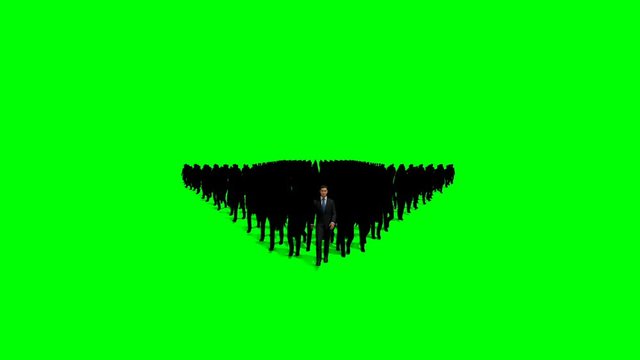 Businessmen crowd forming arrow shape pointing down, hd, against Green Screen