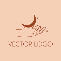 Vector abstract logo design template. Hand with moon and star. Concept of cosmetics, beauty products, jewelery. Linear minimal style vector illustration. With text space