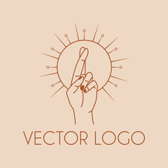 Vector abstract logo design template. Hand with fingers crossed and abstract sun. Concept of cosmetics, beauty products, jewelery. Linear minimal style vector illustration. With text space