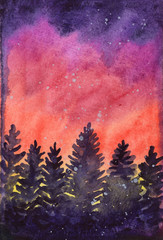 Obraz na płótnie Canvas watercolor christmas post card fir trees sunset