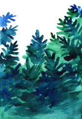 Fototapeta na wymiar winter frame blue green fir trees watercolor christmas post card