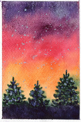 watercolor christmas post card fir trees northern lights